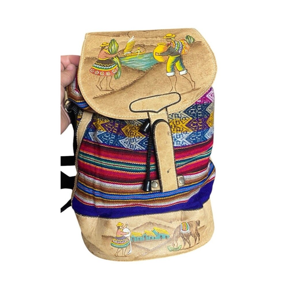 Peru Cusco Women's Textile Fabric Embossed Leather Boho Backpack Bag